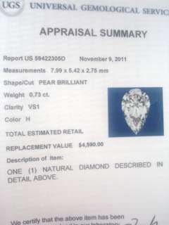 EGL USA Certified H/Vs1 .73 ct pear diamond 14kt white gold engagement 