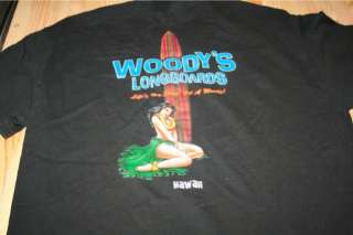 Woodys Longboards Hawaii Get a Woody T Shirt sz L Pinup Hula Girl 