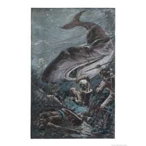 20,000 Leagues Under the Sea Divers Attacked by a Shark Giclee Poster 