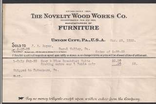 UNION CITY, PA.   NOVELTY WOOD WORKS CO., 1923 invoice  