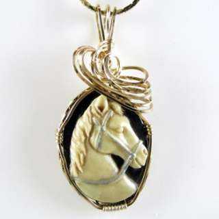 Beige Horse Cameo Pendant 14K Rolled Gold  