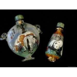 Hand Painted Snuff Bottles with Jade Tops and Horse Globe, Chinese 