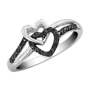  Black Diamond Double Heart Promise Ring in Sterling Silver 