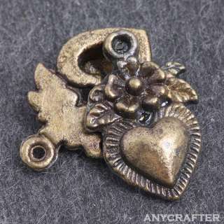 12pcs lots heart pendant with flower Antique Bronze Charms Brass 