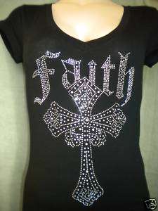 Rhinestones Faith Cross shirt V neck JR MEDIUM NEW  
