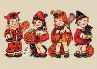 Halloween Witch Children REPRO GREETING CARD frm Vintage Scrap  