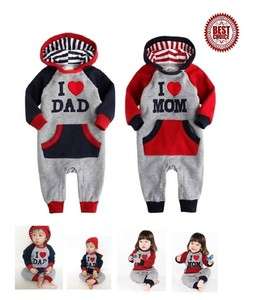 21M) Baby Boy Girl Twins Sporty Hoodies I Love Mum / Dad Body Suit 