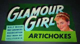 Old 1940s GLAMOUR GIRL Half Moon Bay ARTICHOKES LABEL  