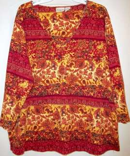 St Johns Bay RED YELLOW Orange FLORAL V neck 3/4 sleeve KNIT TOP 3X 