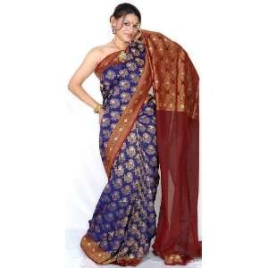 Navy Blue Jamdani Sari from Banaras with Woven Flowers All Over   Pure 