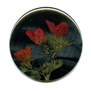 Pocket Mirror Black with 3 Small Dark Red Pressed Flowers 