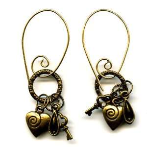  Brass Drop Earrings with Heart and Key Charms Jewelry