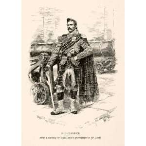  1894 Wood Engraving Scottish Highlander Brogues Kilt Sword 