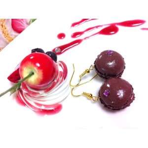 Macaron earrings Chocolate brown pink cream/adorable fake dessert and 