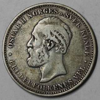1890 AVF SCARCE Norway silver 2 kroner OSCAR II  