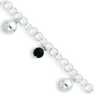   Sterling Silver & Onyx Beaded Polished With 1in Ext. Anklet Jewelry