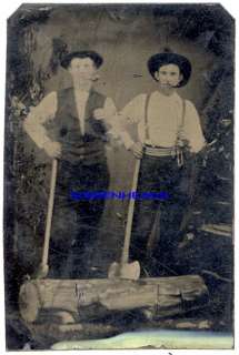 1800s LUMBER LOGGING LUMBERJACK AX MEN TINTYPE PHOTO  