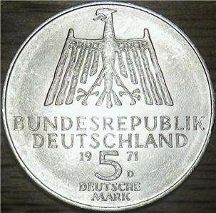 1971 D German SILVER 5 Mark   LARGER COIN   Very Nice LOOK  