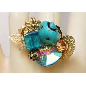   Amazing Turquoise like Gold Tone Chunky Flower Stone Custom Ring
