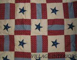 VICTORIAN HEART RED BLUE VINTAGE AMERICANA PRIMITIVE STAR QUILT THROW 