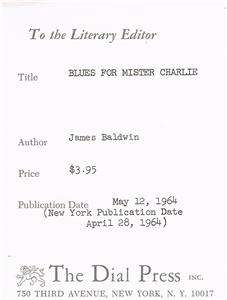 James Baldwin Blues for Mister Charlie 1st 1964 FINE  