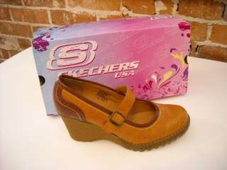 Skechers BROWN Leather Topsy MARYJANE Wedge Shoes 6  