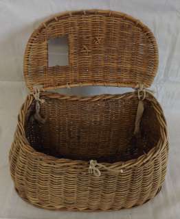   Antique Fishing Creel Woven Basket Shoulder Strap Willow Wood  