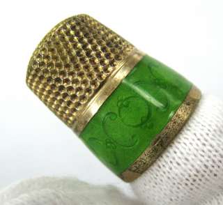 Art Nouveau Vivid Green Enamel Sterling Silver Thimble  