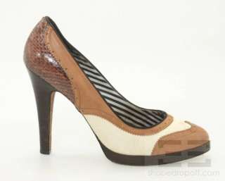 LAMB Brown Leather Cream Canvas Embossed Snake Oxford Heels  