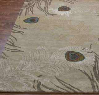 Hand Tufted Wool Carpet NEW Area Rug 5x8 Beige Peacock  