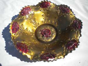 Antique EAPG La Belle Rose Goofus Glass Gold Red Bowl  