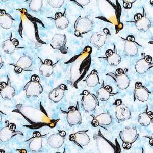  Penguins and their downy chicks on icy blue, Penguin quilt 