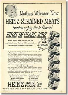 1954 Heinz 57 baby food   Strained meats in glass jars print ad  
