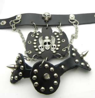 Punk Gothic Flying Skull Leather Bracelet Wristband 3 Ring TEW313 
