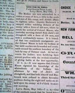   MARYSVILLE CA California Old West MODOCS INDIANS WAR Old Newspaper