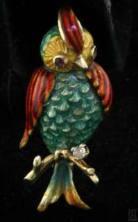   ADORABLE DIAMOND/RUBY RED/GREEN/YELLOW ENAMEL PARROT BIRD PIN/BROOCH