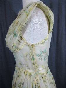 Vintage 50s Yellow Floral Sheer DRESS Garden PARTY Full Circle Tiered 