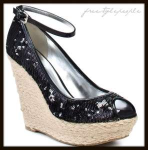   GUESS IDABEL Black Sequin Peep Toe Wedge Espadrille Pumps Shoes  