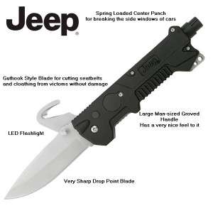Jeep 2 Bladed Rescue Folder Gut Hook Drop Point Knife w/Side Window 
