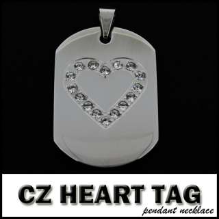 CZ Heart Dog Tag Pendant Necklace Chain Link 316L Steel  