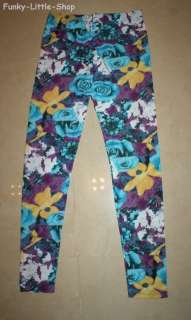 blue flower print leggings tight pants vintage pt416  