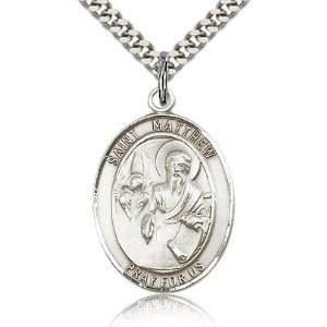 Sterling Silver 1in St Matthew Medal & 24in Chain Jewelry