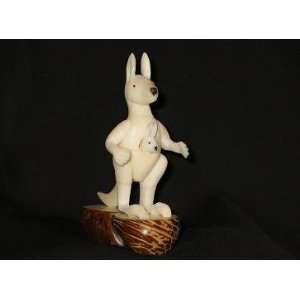  Ivory Kangaroo & Joey Tagua Nut Figurine Carving, 5 x 3.6 