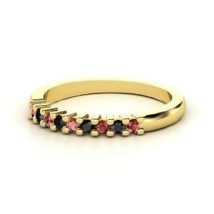 Slim Nine Gem Band Ring, 14K Yellow Gold Ring with Red Garnet & Black 