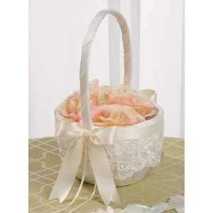   Ivory Lace Flower Girl Basket with Satin Chocolate Brown Ribbon 223VI
