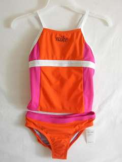 NIKE Girls Two 2 Piece Bathing Swim Suit 12 Orange NEW  