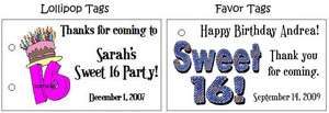 SWEET 16 Sixteen BIRTHDAY Party Lollipop Favors Tags  