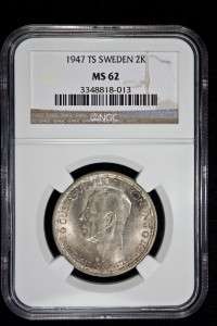 1947 TS Sweden Silver 2 Kronor NGC MS 62 Gustaf V E065  