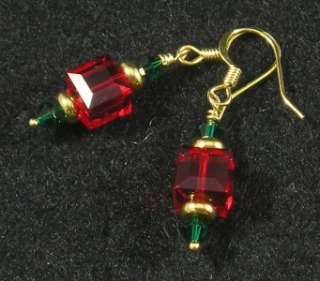 Swarovski Crystal Christmas Ornament Earrings Red Green Gold Cube 