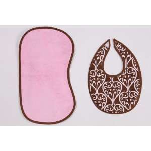  Damask Pink/chocolate   Bibs and Burps Set Baby